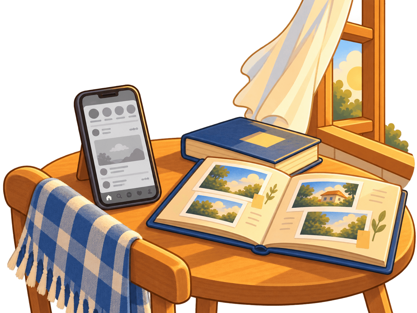 Ilustração de uma mesa redonda de madeira perto da janela, com um celular, um livro e um álbum de fotos aberto.