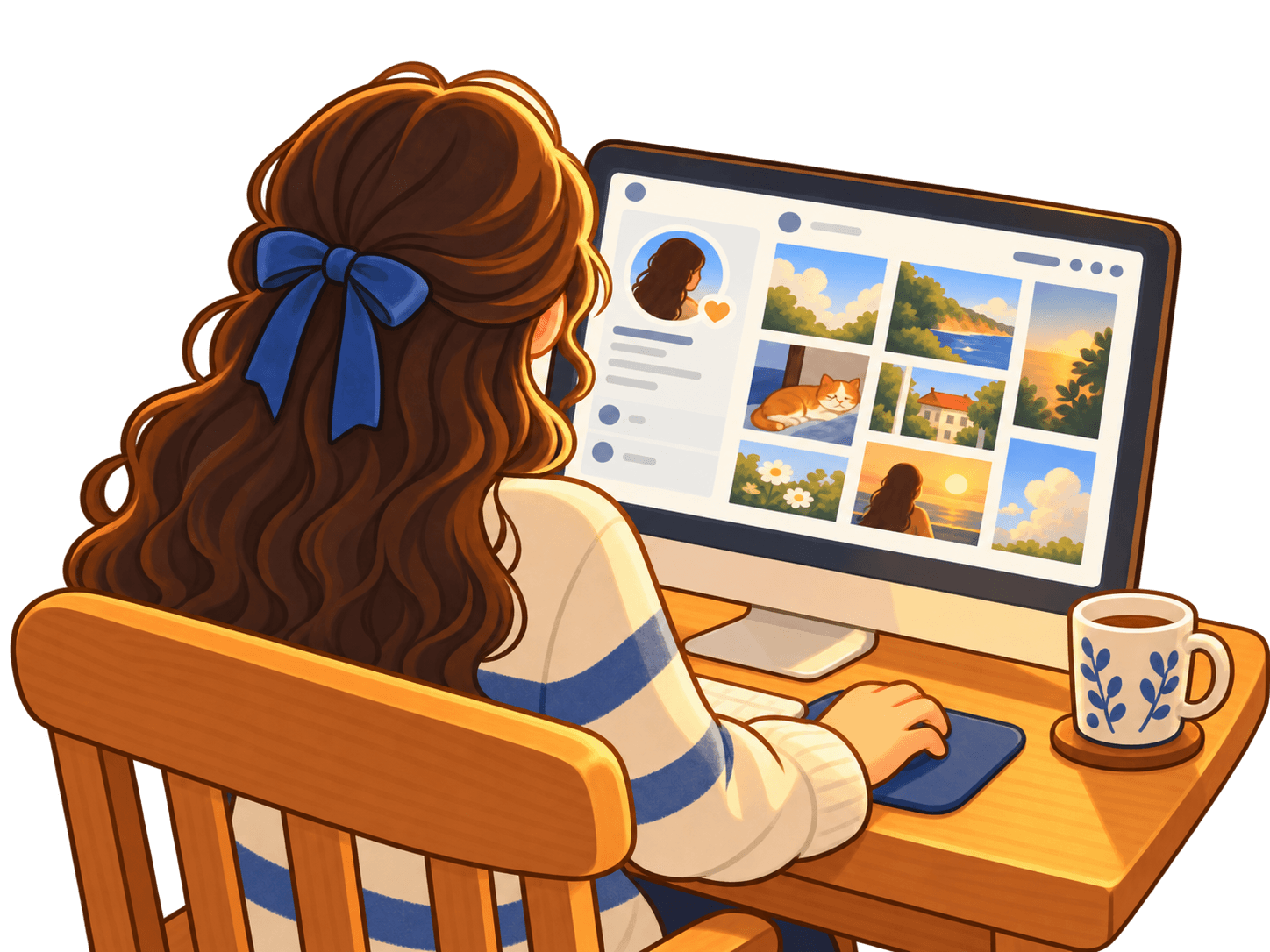 Ilustração de uma pessoa de cabelo comprido e laço azul, de costas, olhando um perfil com um álbum de fotos no computador, com uma caneca de café na mesa.